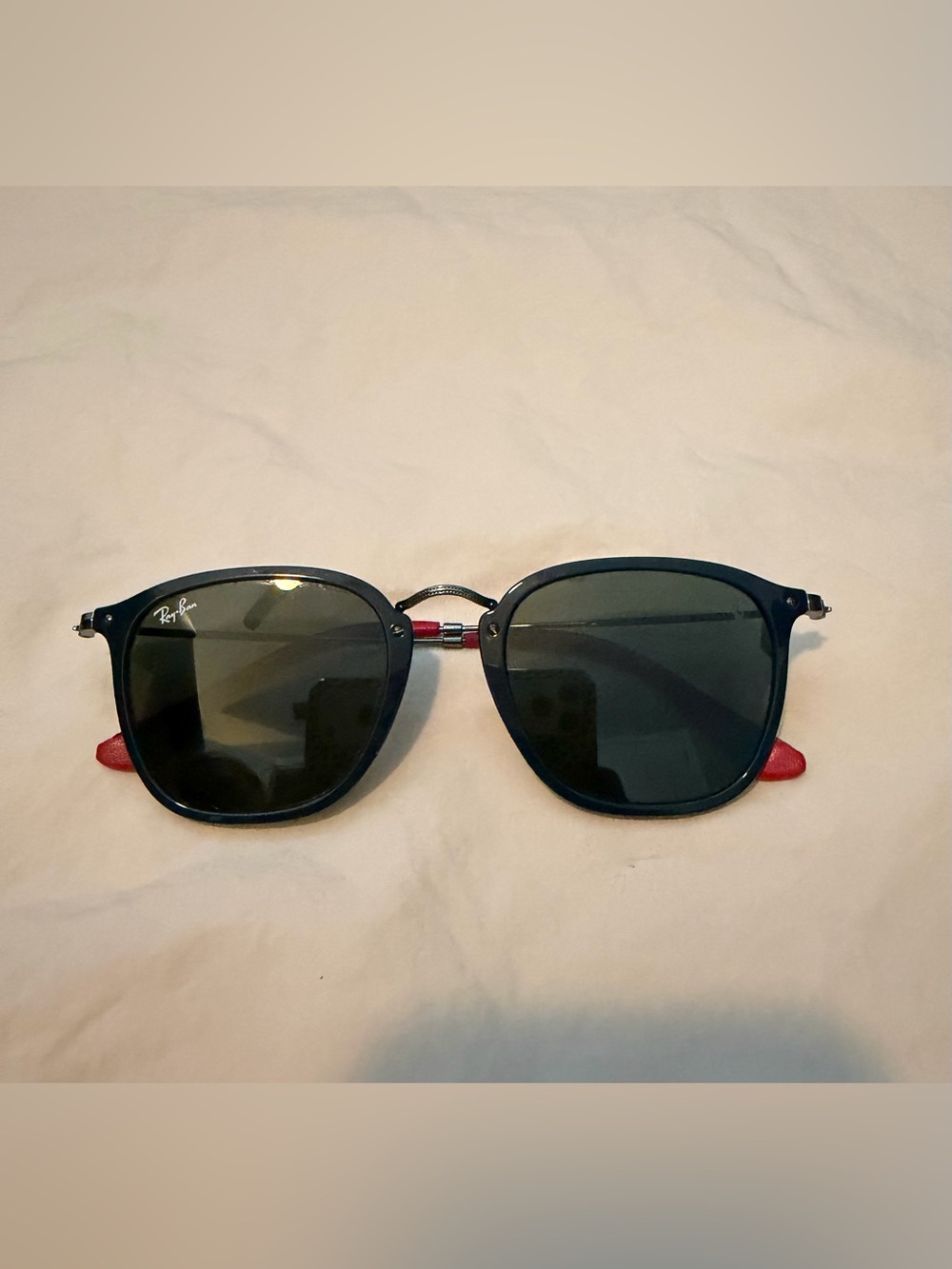 Ray-Ban Navy Frames with Dark Green Lenses and Ferrari red leather arms